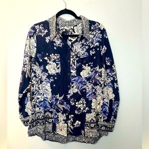 Lola P. Navy floral ladies button down long sleeve shirt medium
